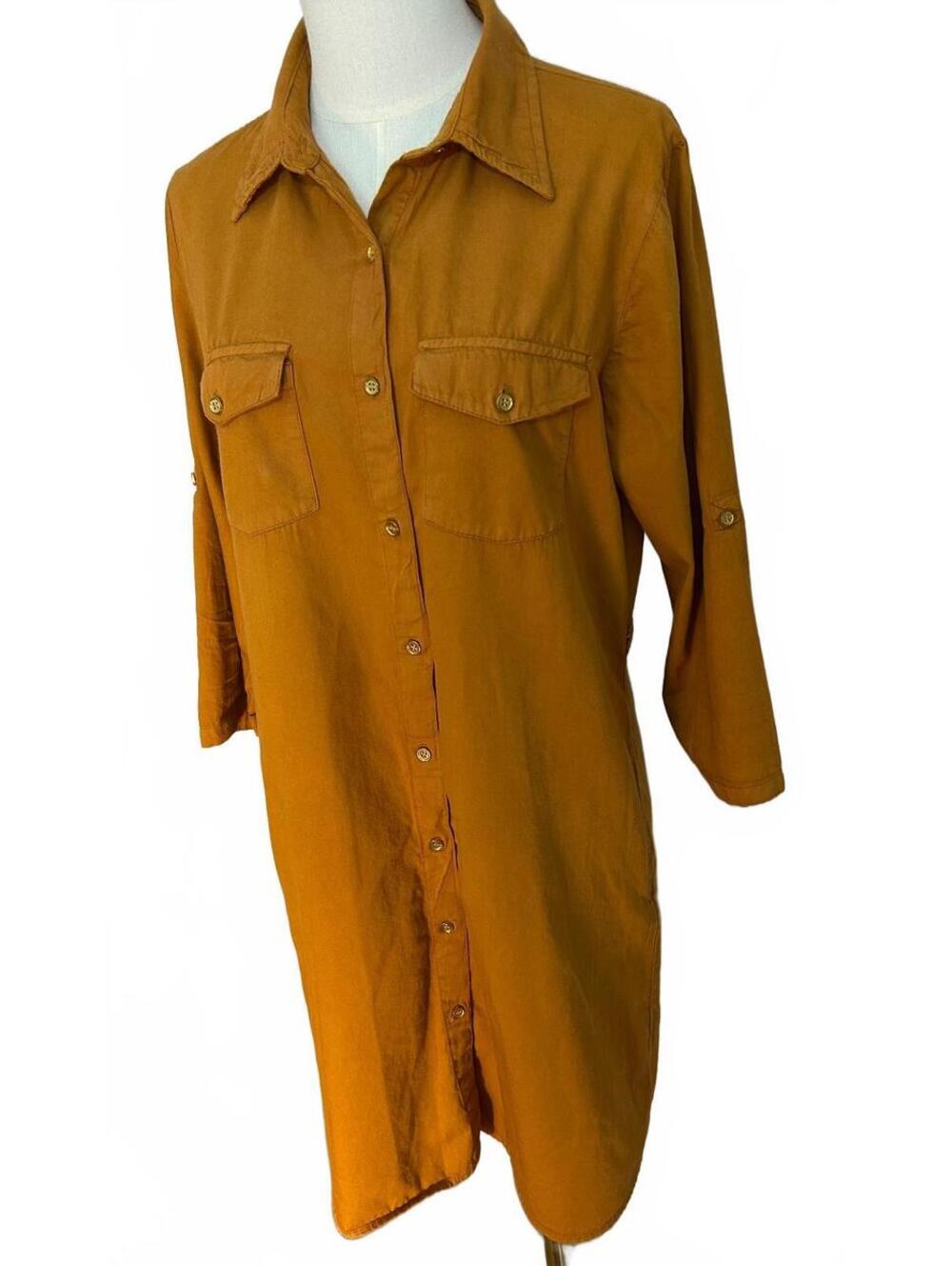Speed Control New York Mustard Cotton Utility Shirt Dress L Boho Lagenlook